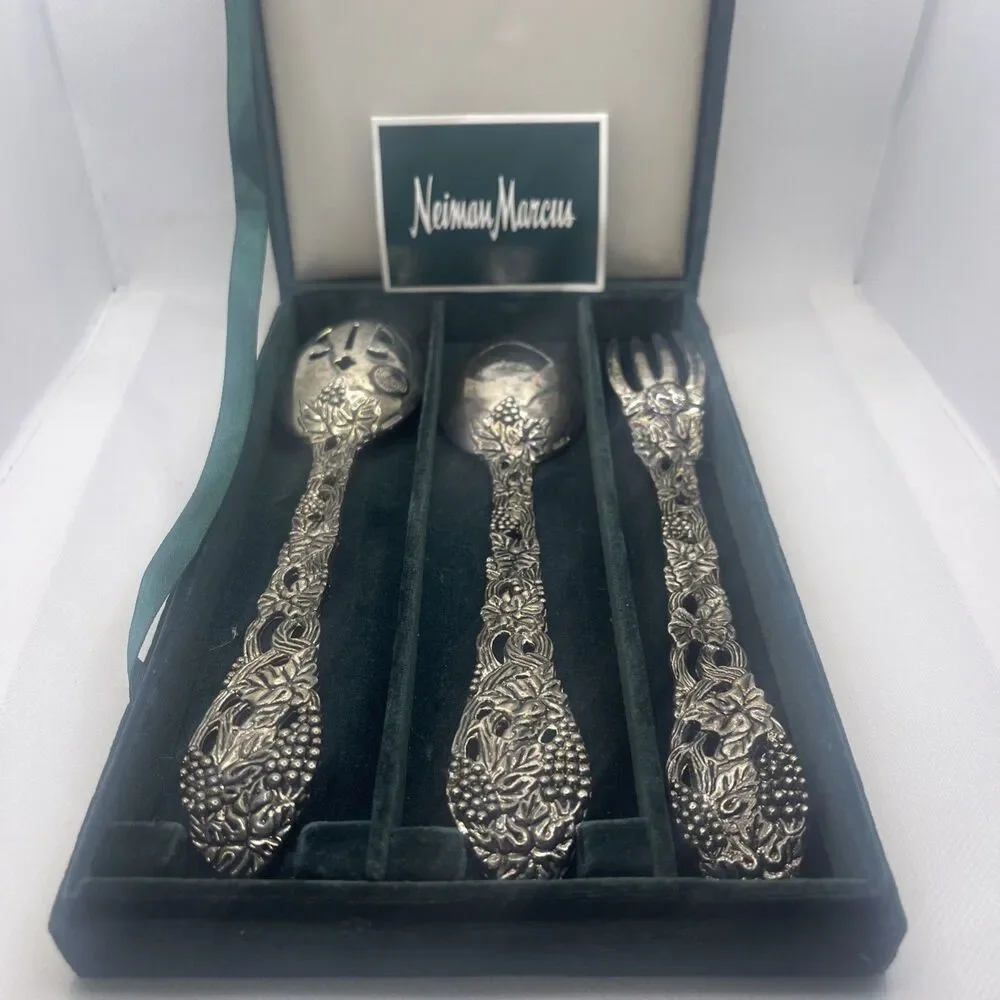 Godinger Neiman Marcus Silver Plate 3-Piece Grapevine Serving Set Spoon Fork